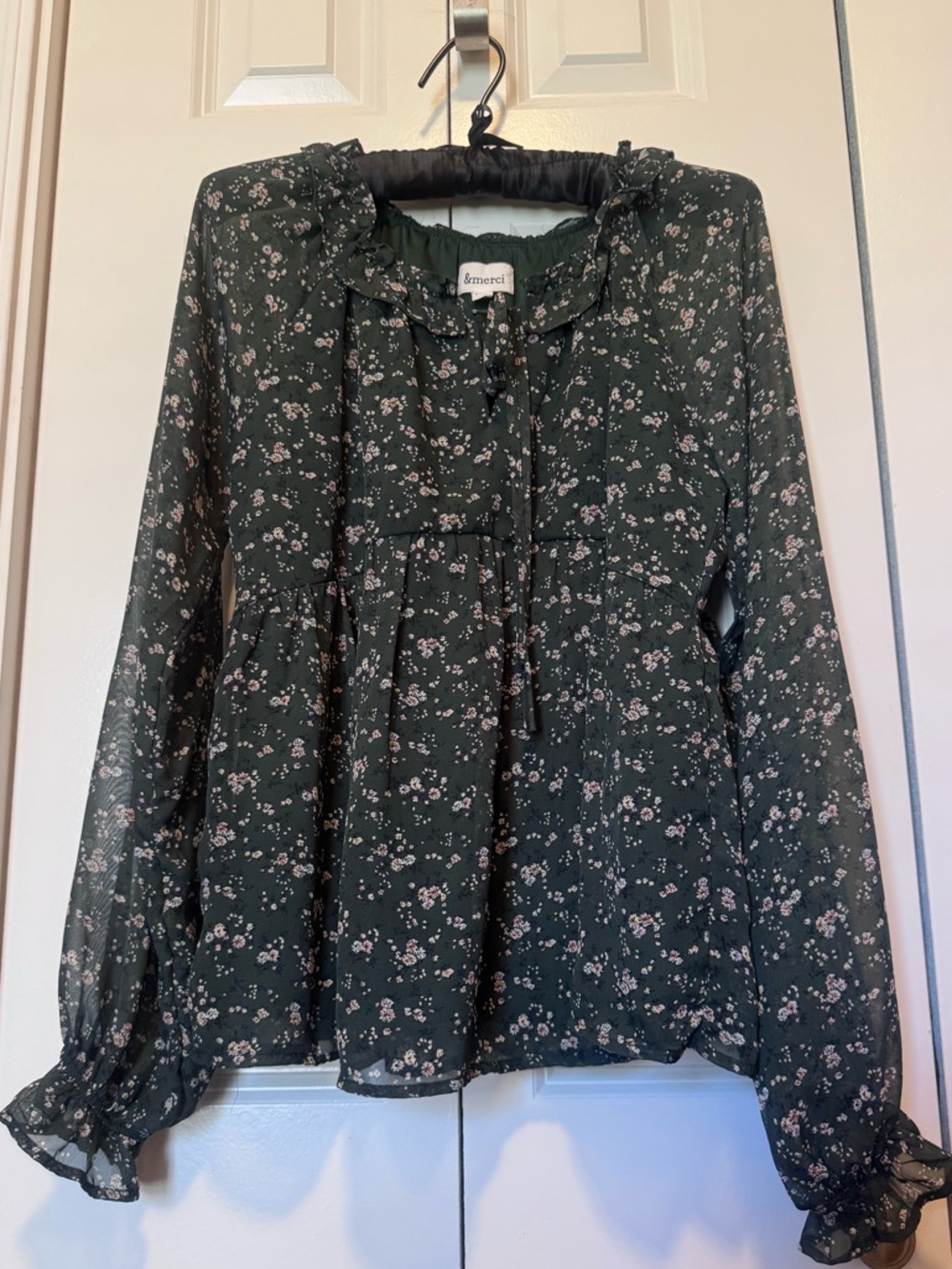 &Merci Green Floral Peasant Top Small Boho Cottagecore Prairie Blouse